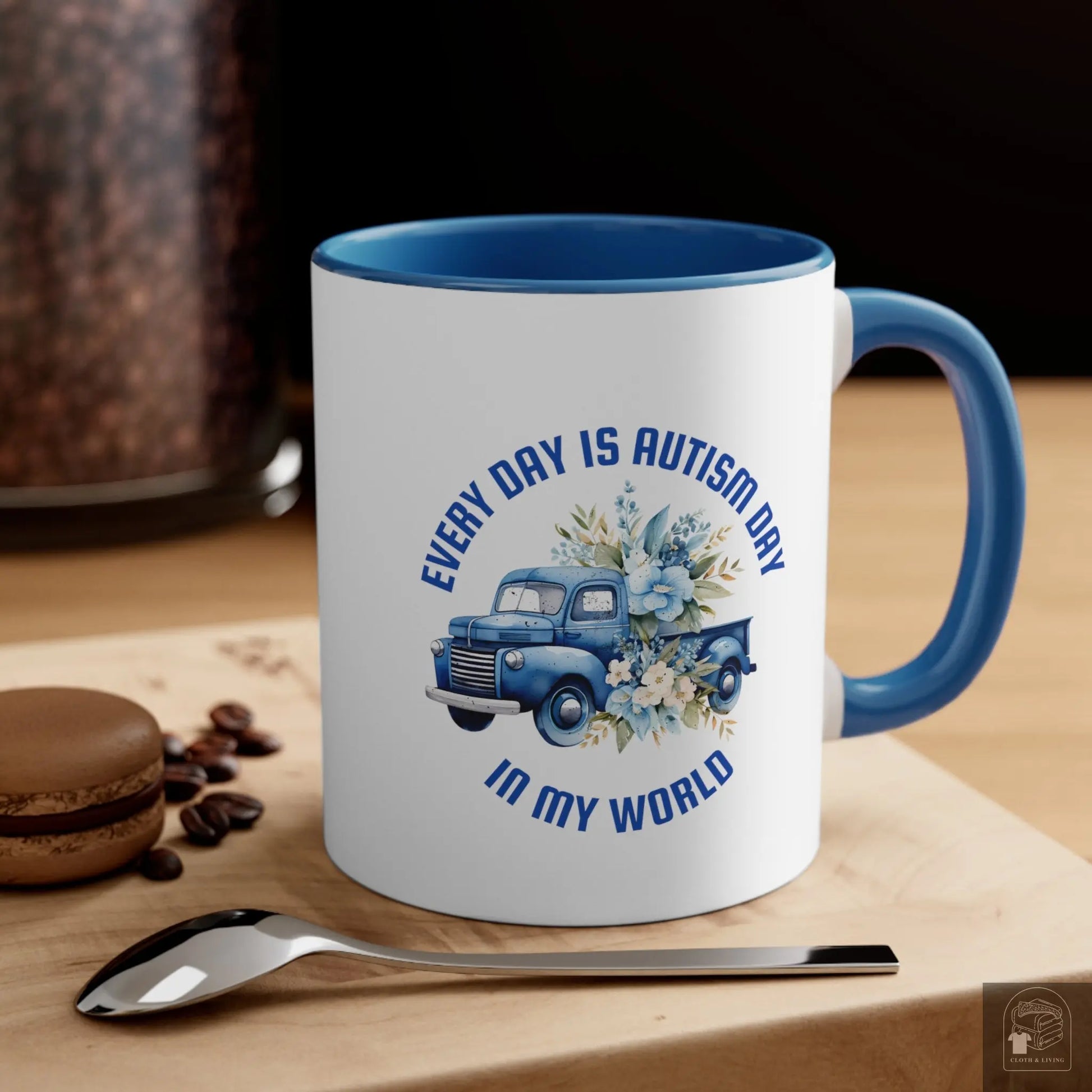 Autism Awareness - Every Day Blue Truck  Ceramic Coffee Mug (White with Accent |11oz)  Cloth & Living