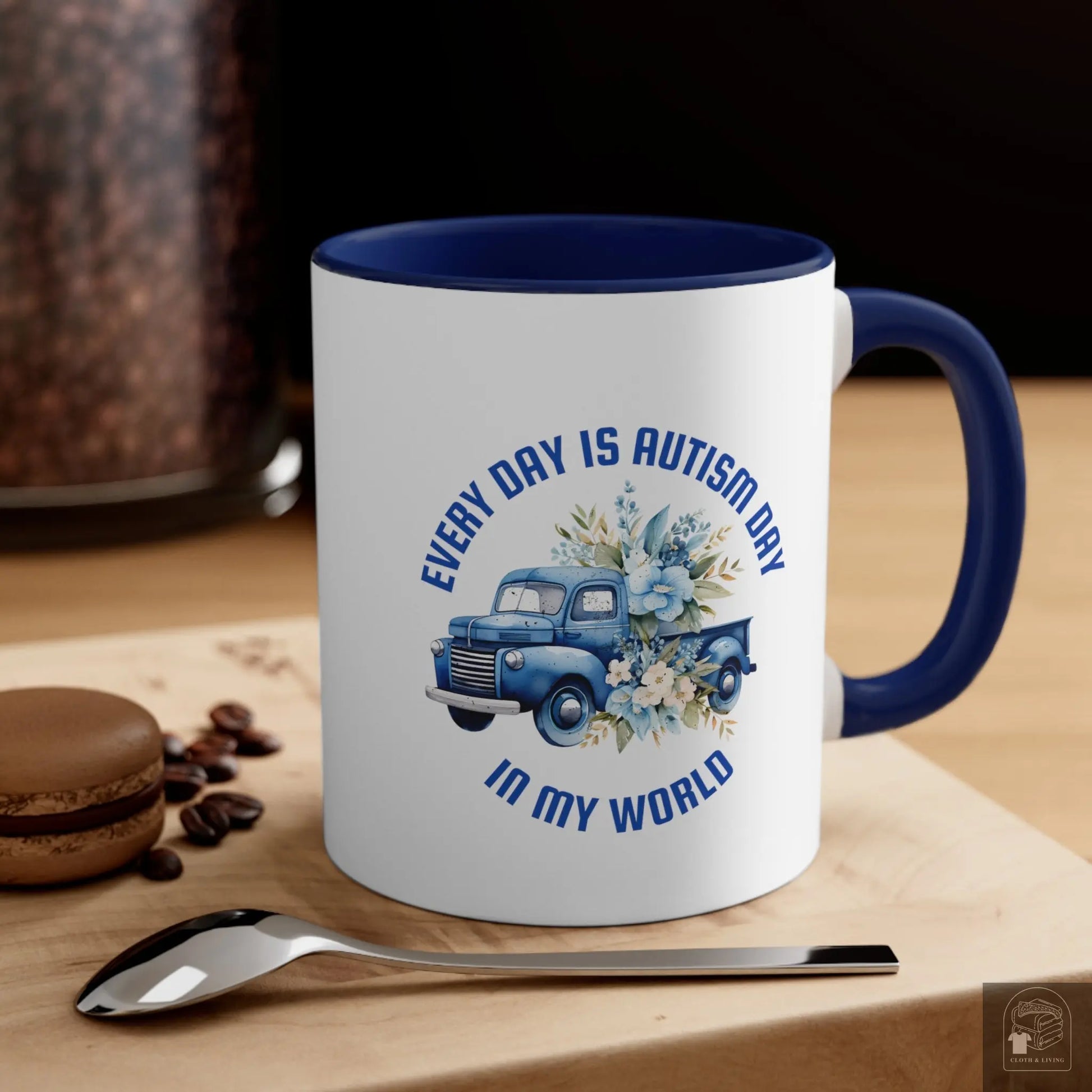 Autism Awareness - Every Day Blue Truck  Ceramic Coffee Mug (White with Accent |11oz)  Cloth & Living