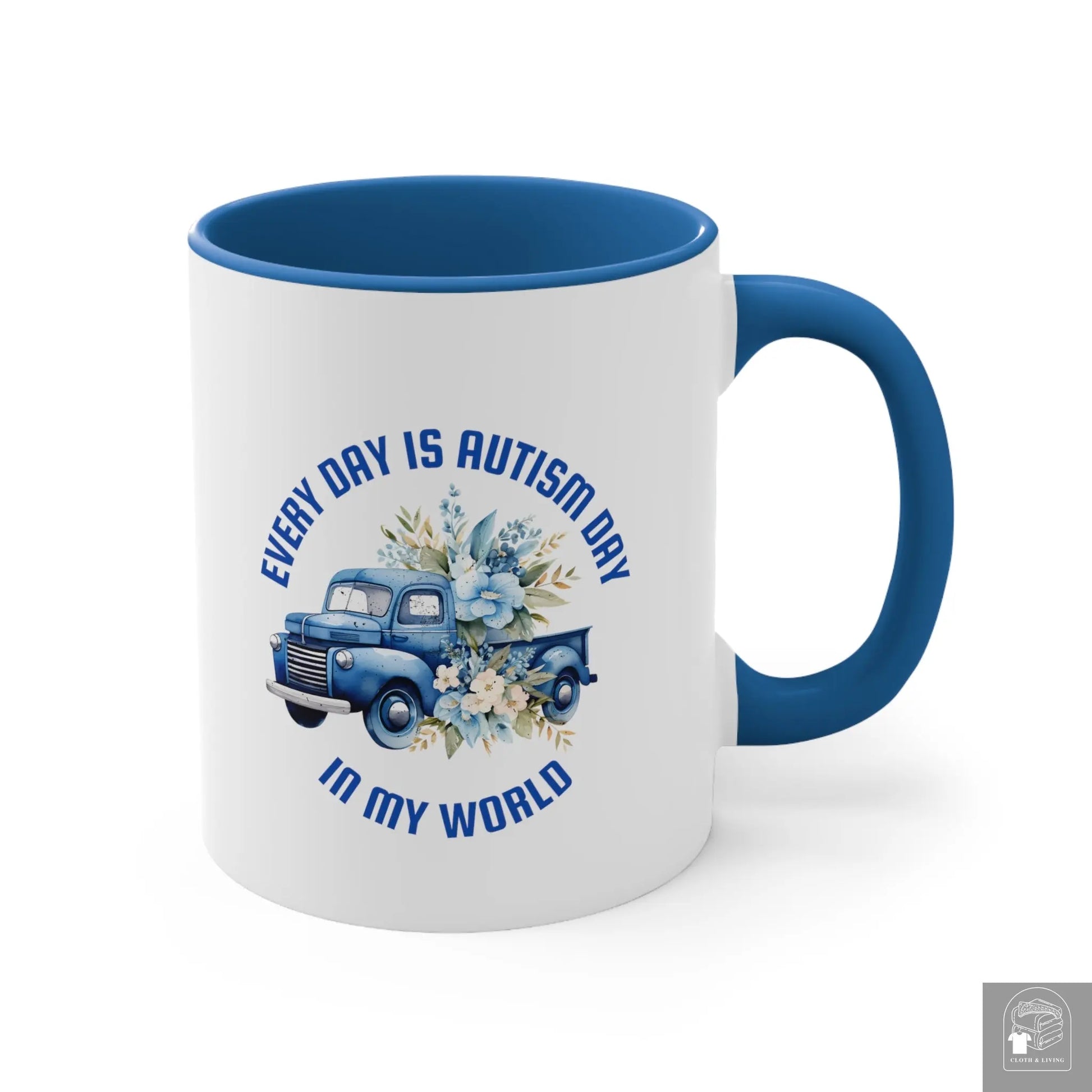 Autism Awareness - Every Day Blue Truck  Ceramic Coffee Mug (White with Accent |11oz)  Cloth & Living