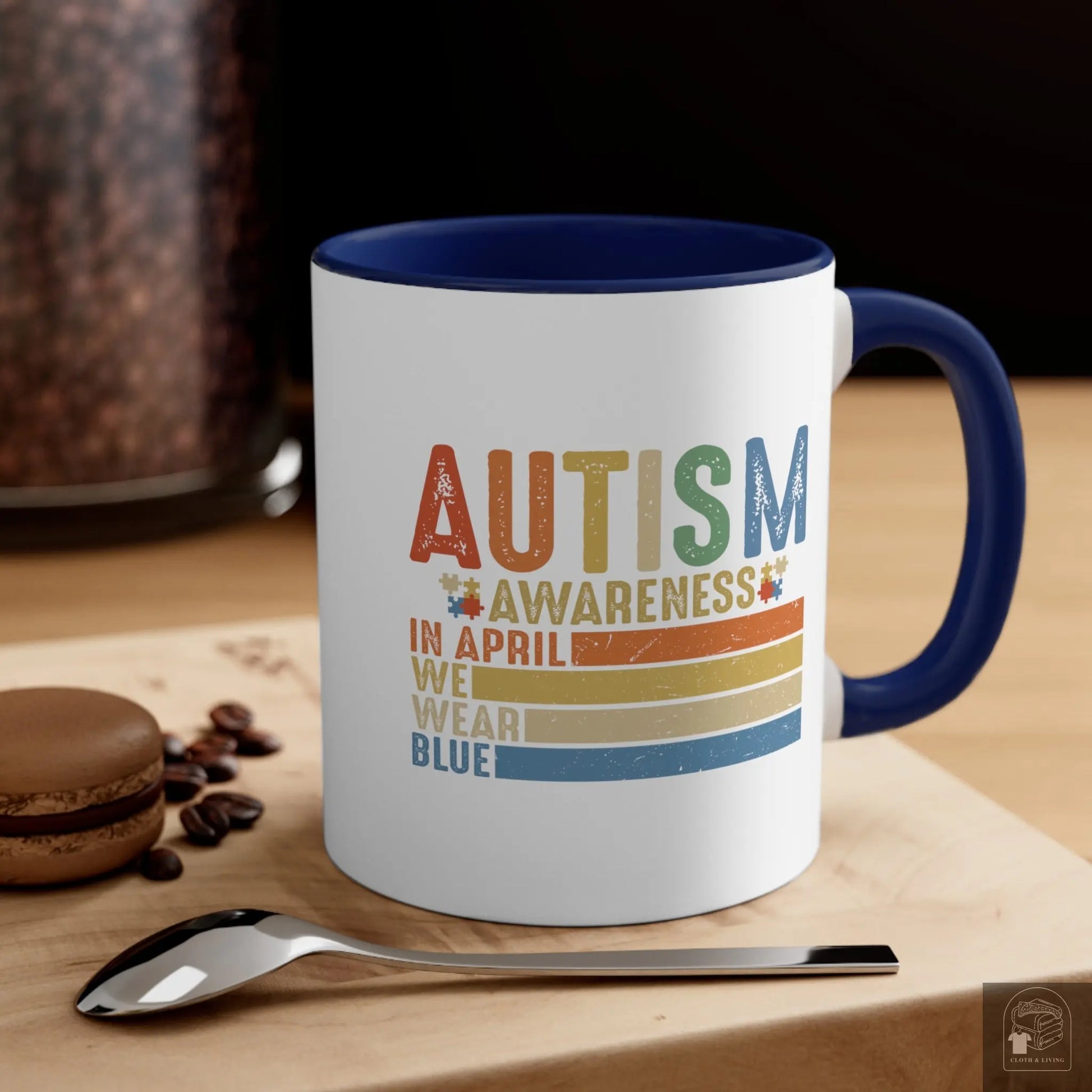 Autism Awareness - We Wear Blue in April -  Ceramic Coffee Mug (White with Accent |11oz)  Cloth & Living