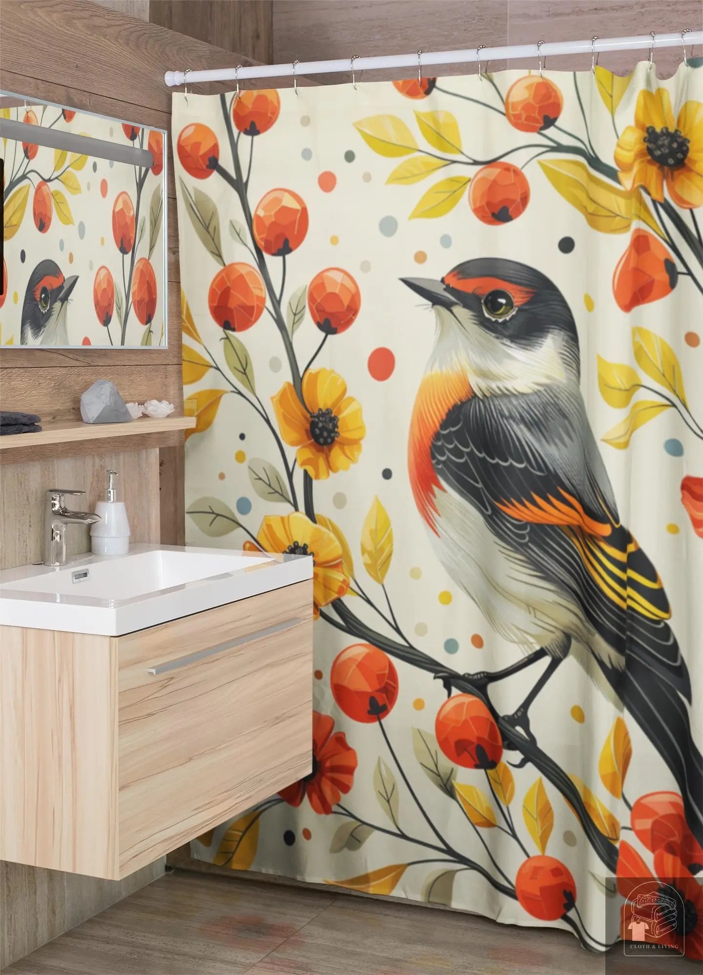 Autumn Serenade - Melodic Bird & Florals Shower Curtain -   Cloth & Living