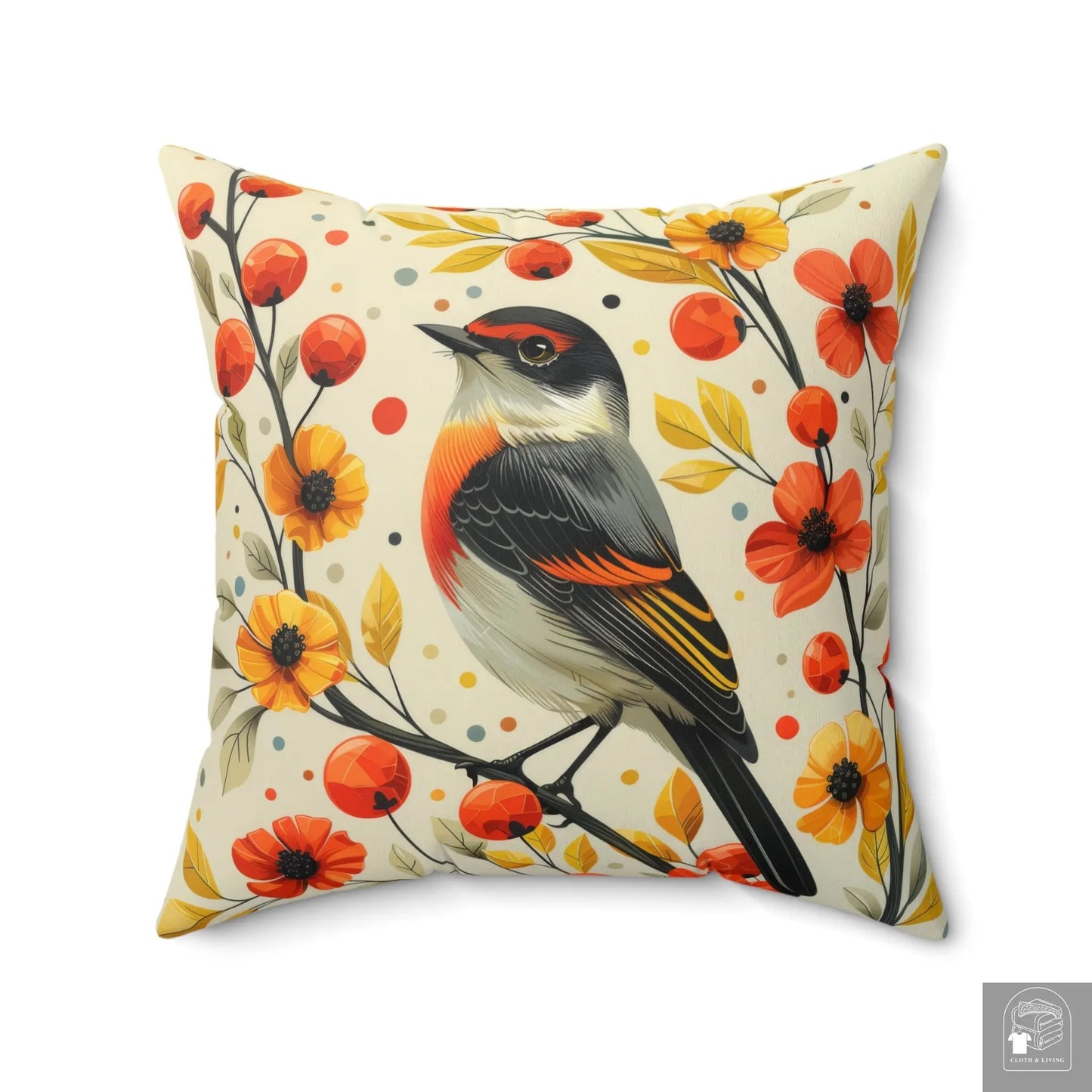 Autumn Serenade - Whimsical Bird & Flowers Pillow (Available in various sizes) -   Cloth & Living