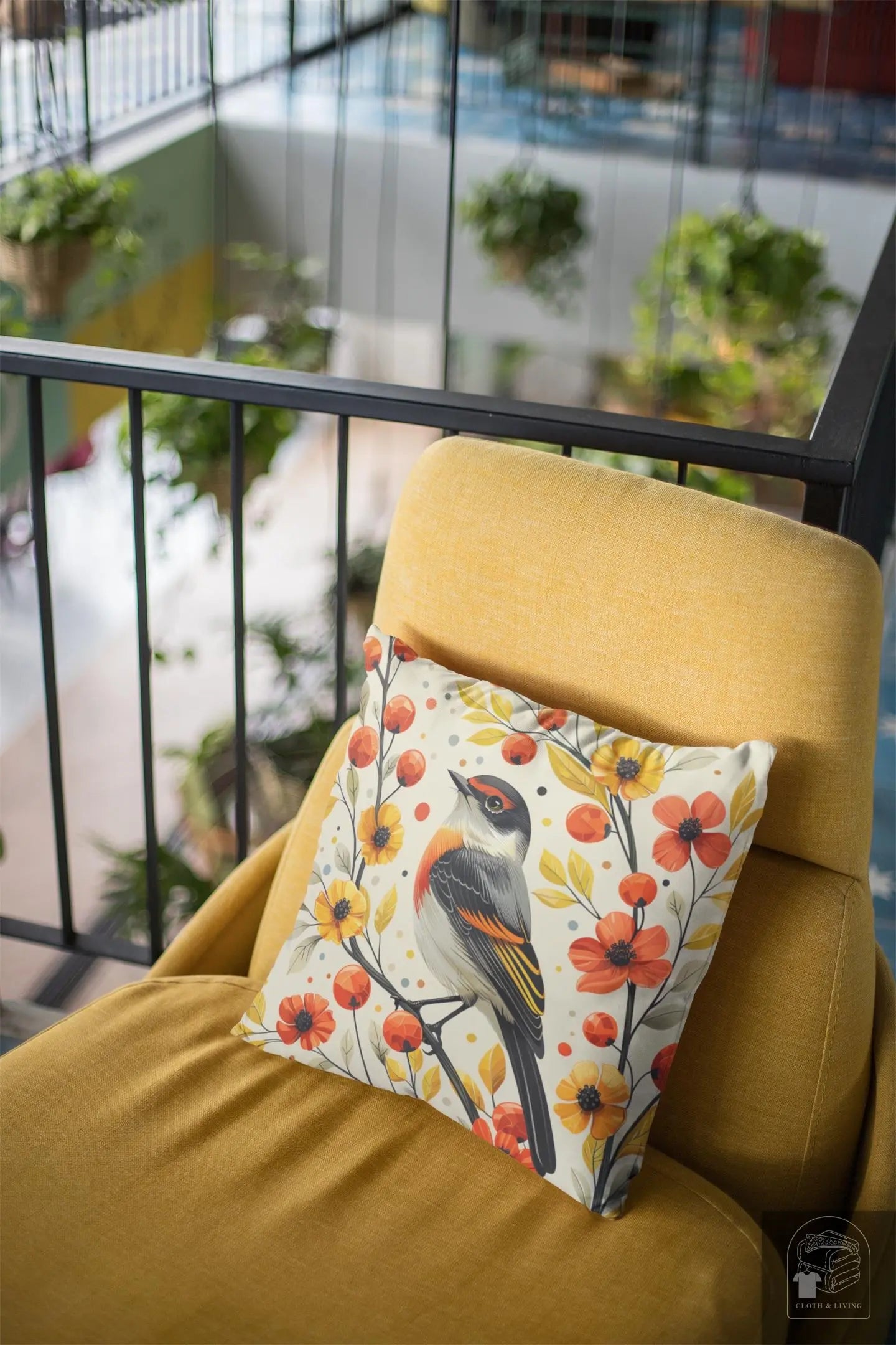 Autumn Serenade - Whimsical Bird & Flowers Pillow (Available in various sizes) -   Cloth & Living
