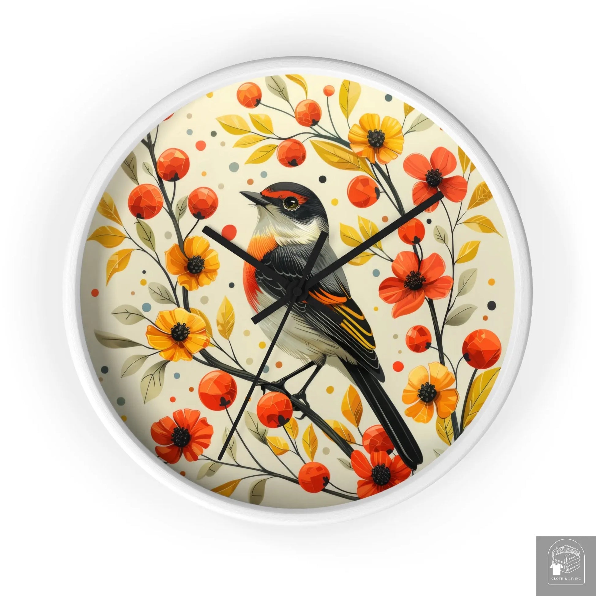 Harmony in Autumn - Elegant Bird & Botanical Clock (White, Black, or Wood coloured frame) -   Cloth & Living