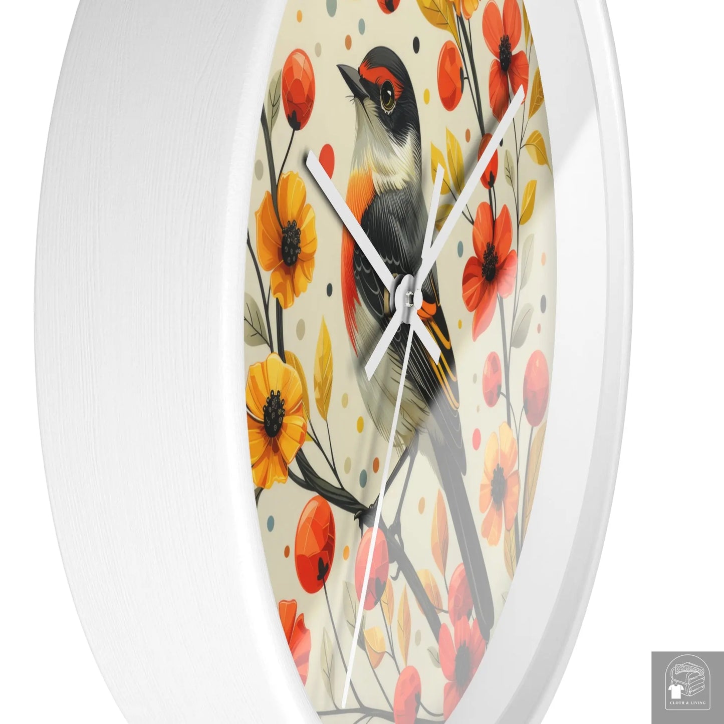 Harmony in Autumn - Elegant Bird & Botanical Clock (White, Black, or Wood coloured frame) -   Cloth & Living