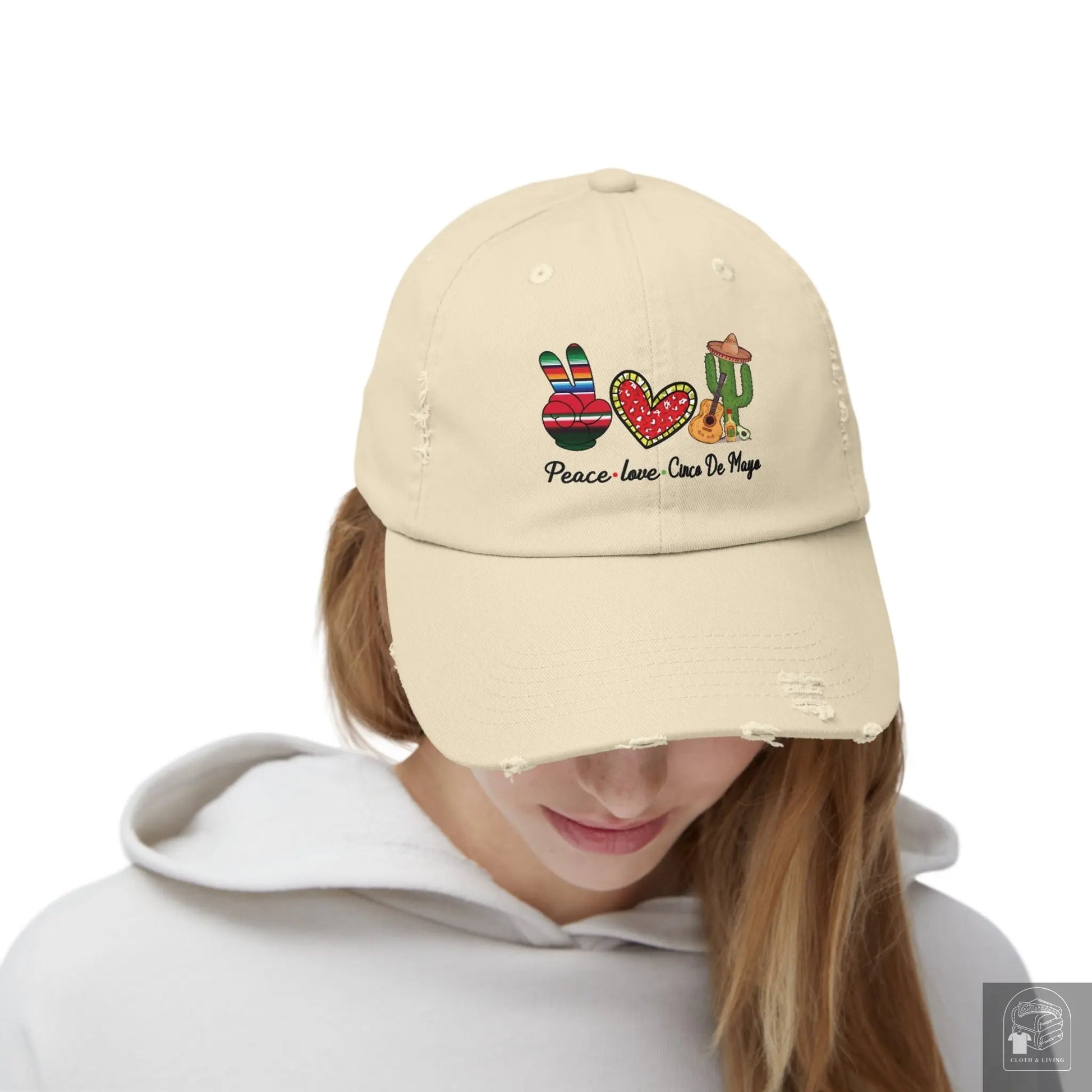 Peace, Love, and Cinco de Mayo Unisex Distressed Caps - Cloth & Living