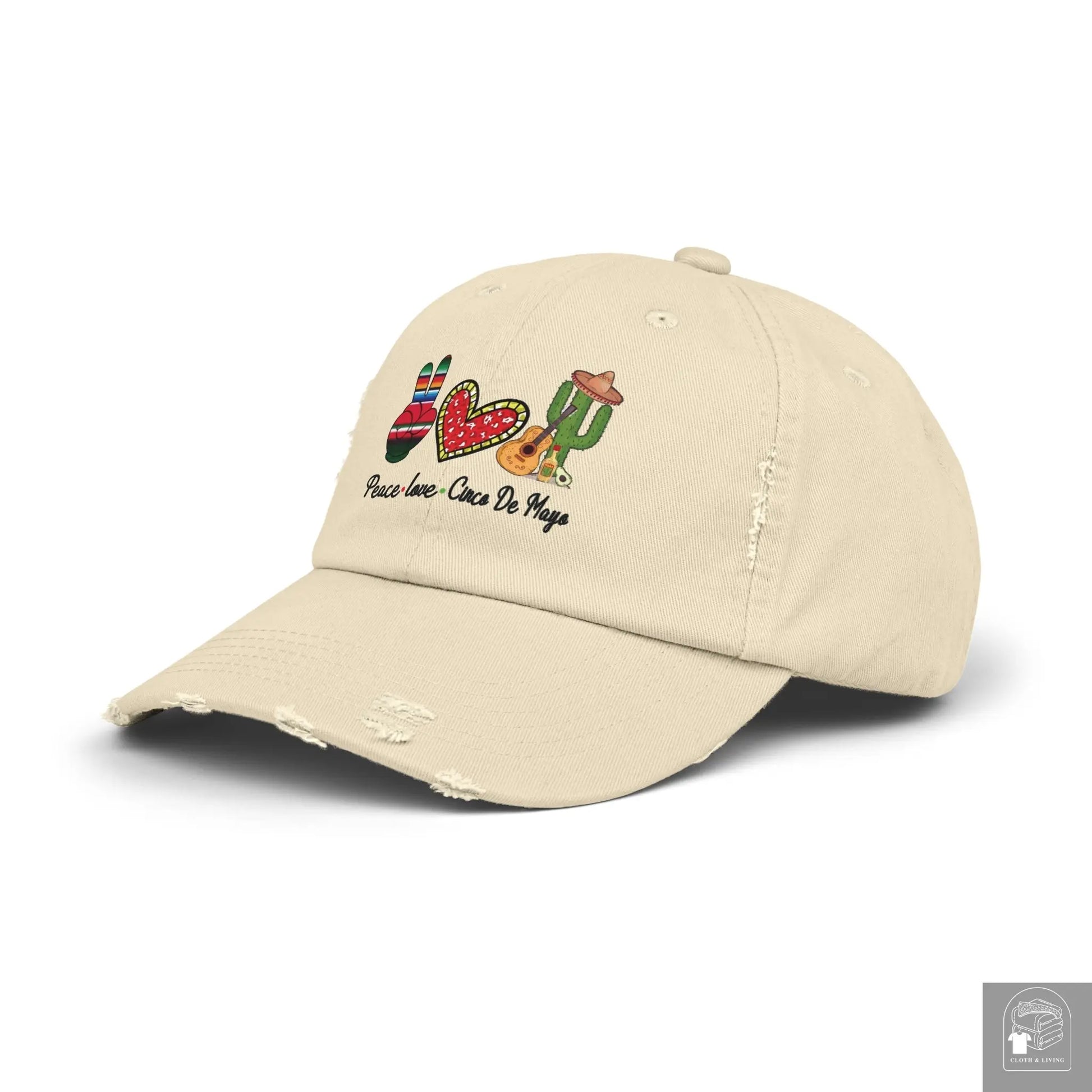 Peace, Love, and Cinco de Mayo Unisex Distressed Caps - Cloth & Living