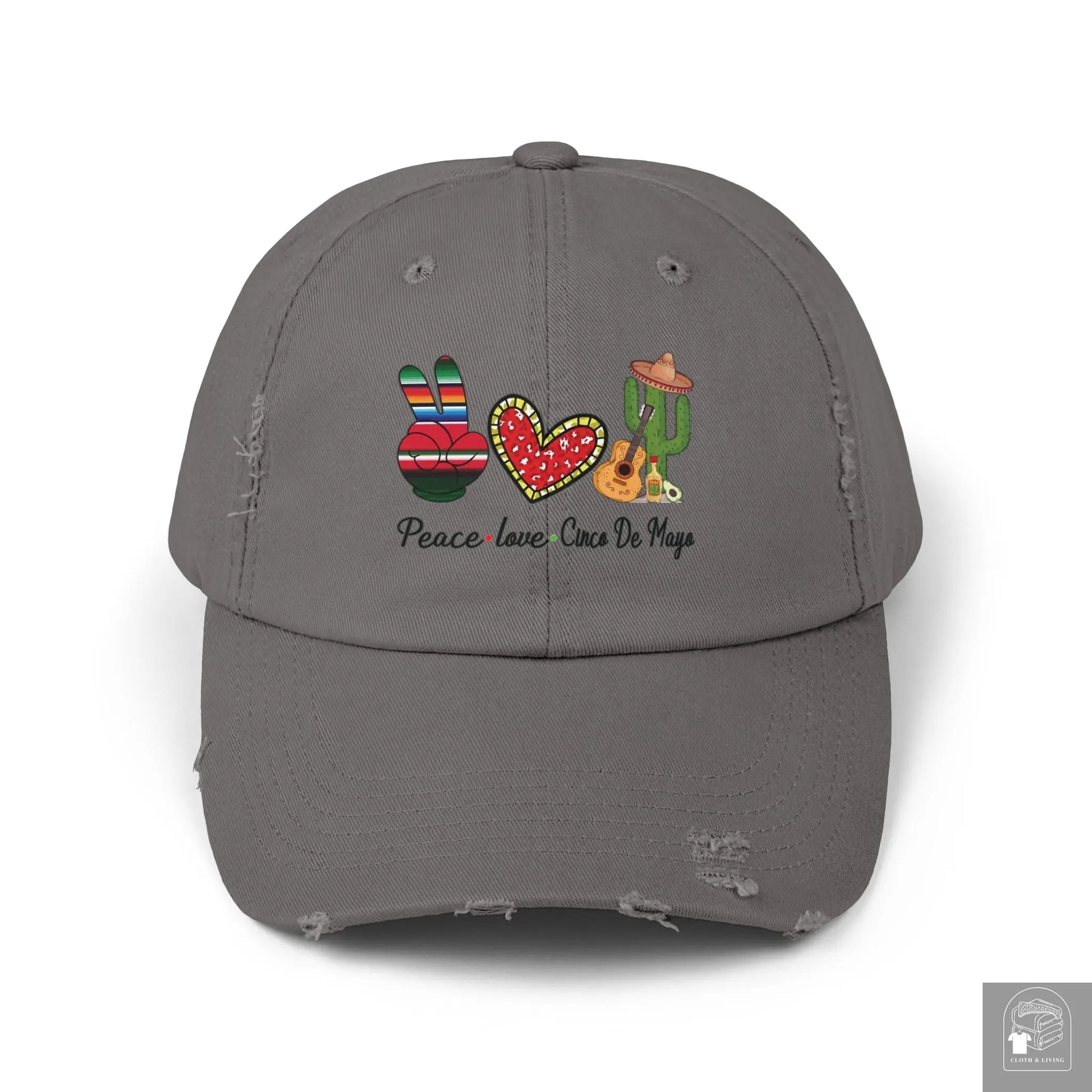 Peace, Love, and Cinco de Mayo Unisex Distressed Caps - Cloth & Living