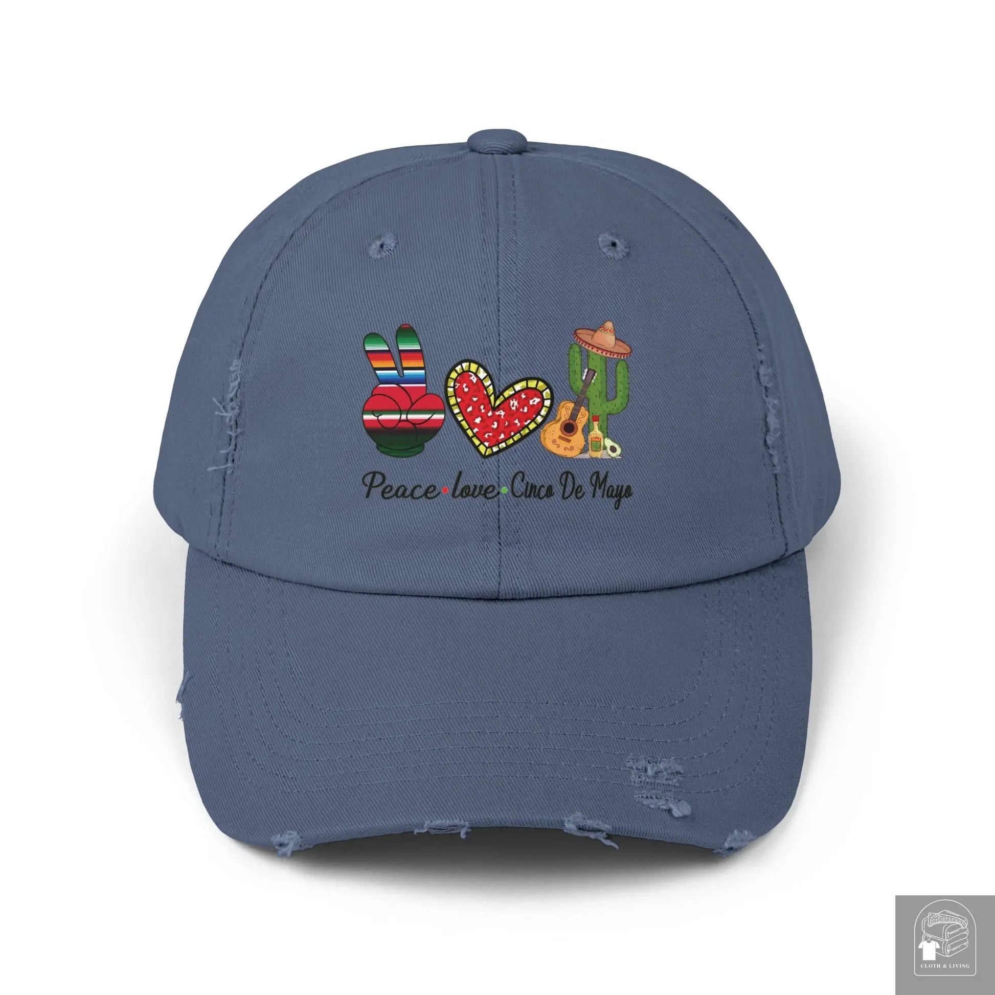 Peace, Love, and Cinco de Mayo Unisex Distressed Caps - Cloth & Living