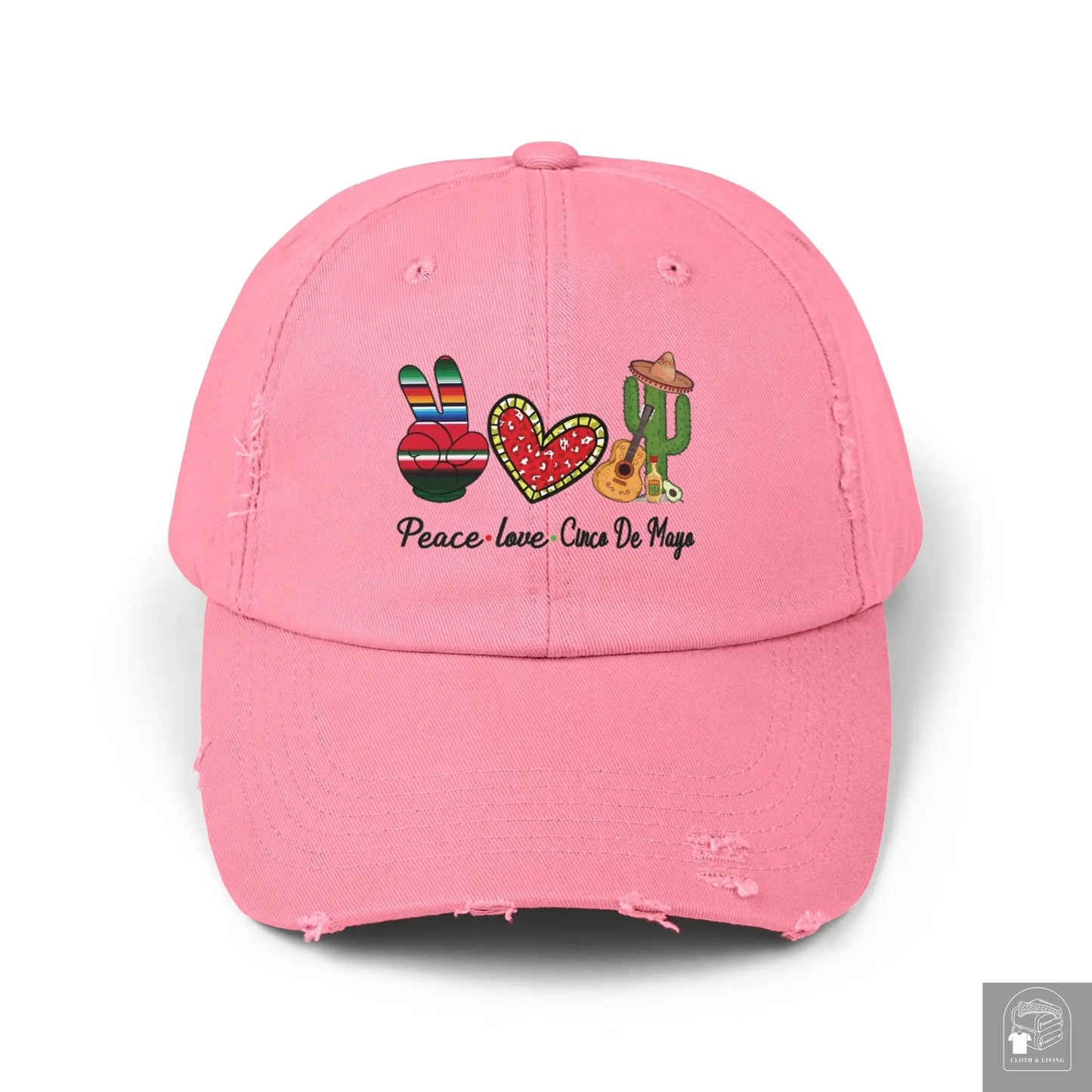 Peace, Love, and Cinco de Mayo Unisex Distressed Caps - Cloth & Living